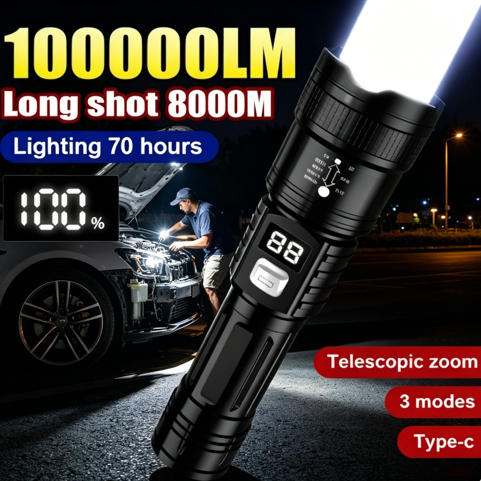 Outdoor Adventure Trips - Linterna LED Recargable de 100000LM, Súper