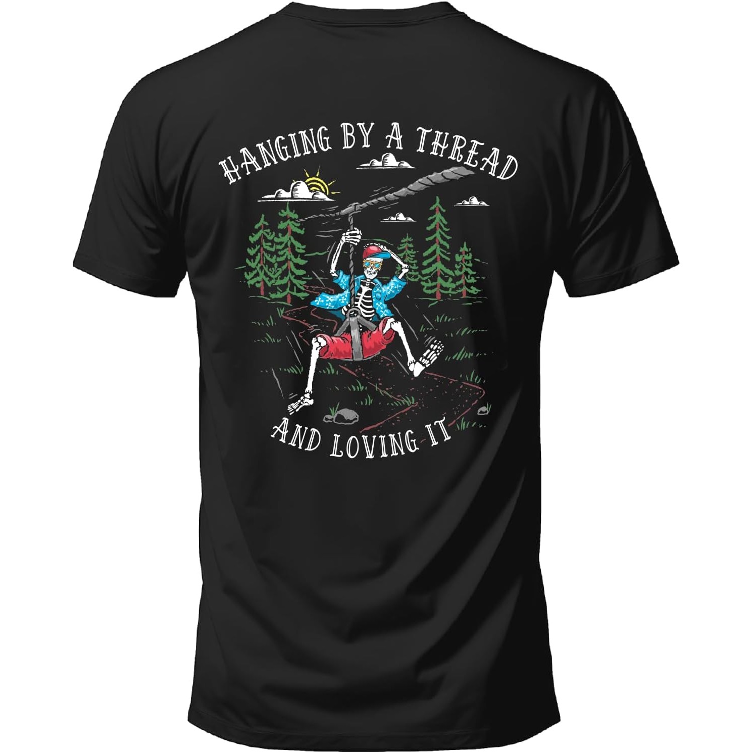 Outdoor Adventure Ziplines & Waterfall - Camiseta gráfica con estampado de esqueleto